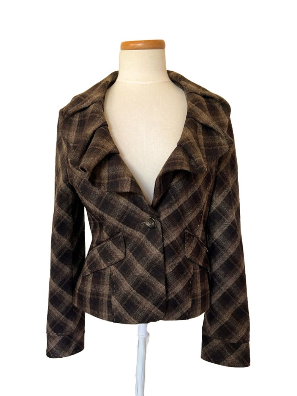 BCBGMaxazria Brown Plaid Ruffle Jacket M